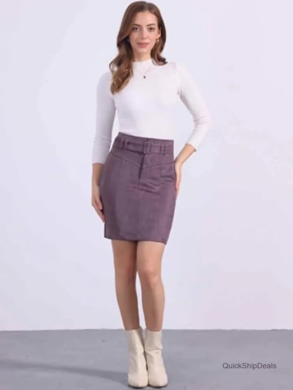 Women's Faux Suede High Waist Belted Mini Skirt with Pockets